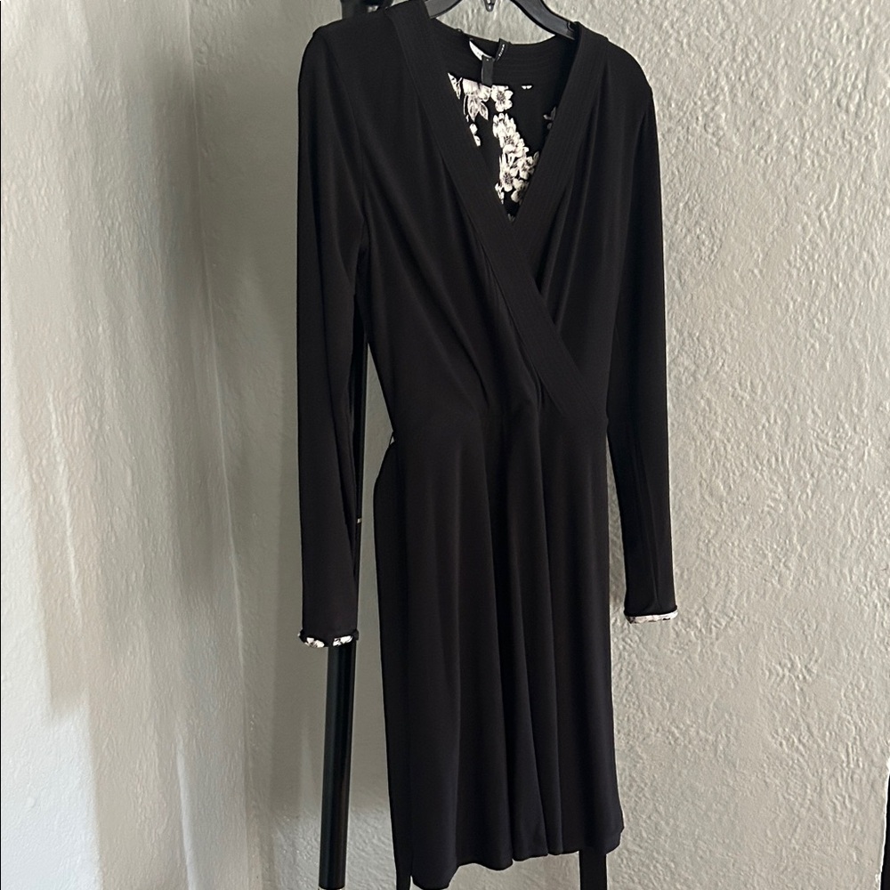 White House Black Market Black Faux-Wrap Long Sleeve Dress with Floral Trim